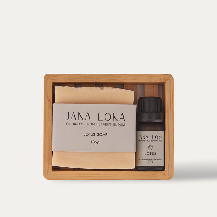 Lotus Oil & Lotus Soap Bar Set & natural wooden soap holder | Lotus Ritual premium Set - סט לוטוס